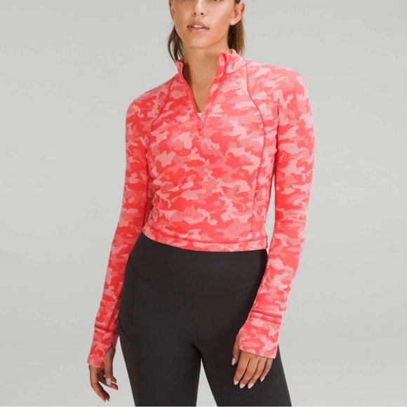 Lululemon raspberry pink camo jacquard Its Rulu Run Cropped Half Zip sweater top - Picture 8 of 13